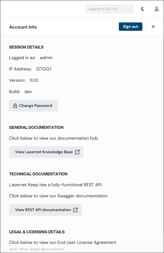 Account information for administrators.